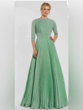 Mac Duggal 30775 Pleated Shimmering 3/4 Sleeve Ball Gown - Sage - 4 - NWT